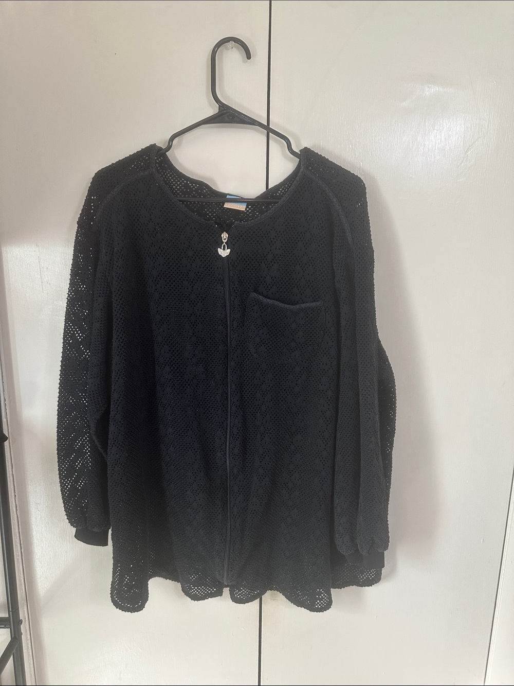 Cove Black Open-Knit Crochet Zip Front Coverup